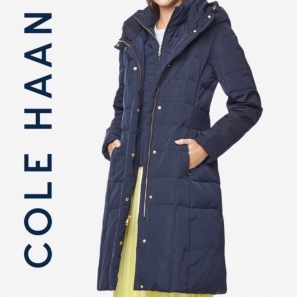 Cole Haan Navy Long Puffer Coat with Hood
